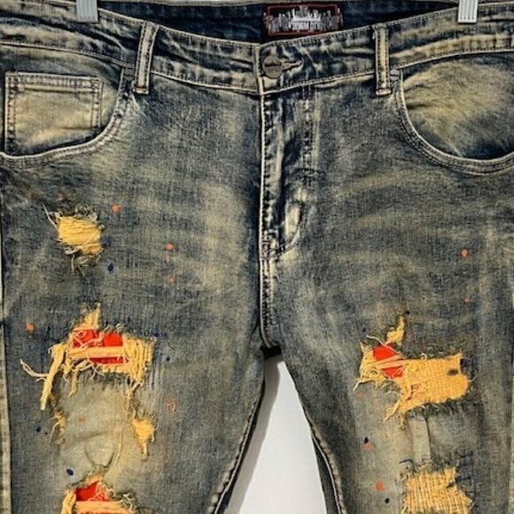 DENIMICITY Rip N Repair Distressed Denim Jeans Blue & Orange - Picture 2 of 7